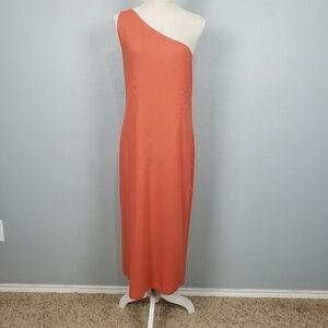 GAP Ribbed Knit One Shoulder Midi Dress Coral Sz L Tall